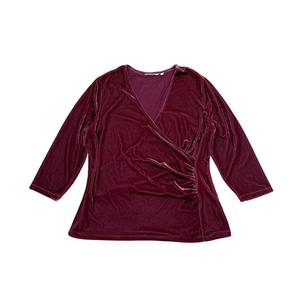 Soft Surroundings Velvet Alyssa Knit Top Red Faux Wrap Ruched XL Holiday